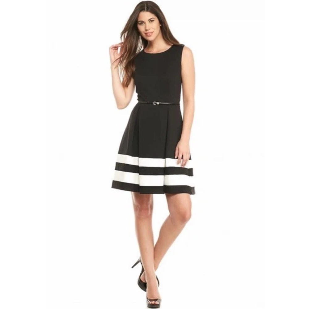 Calvin Klein Elegant Black and White Striped Dress Fit & Flare Sleeveless